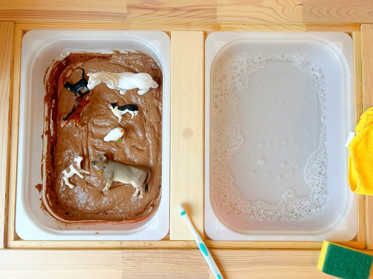 one container with mud and animals, the other container with water and soap