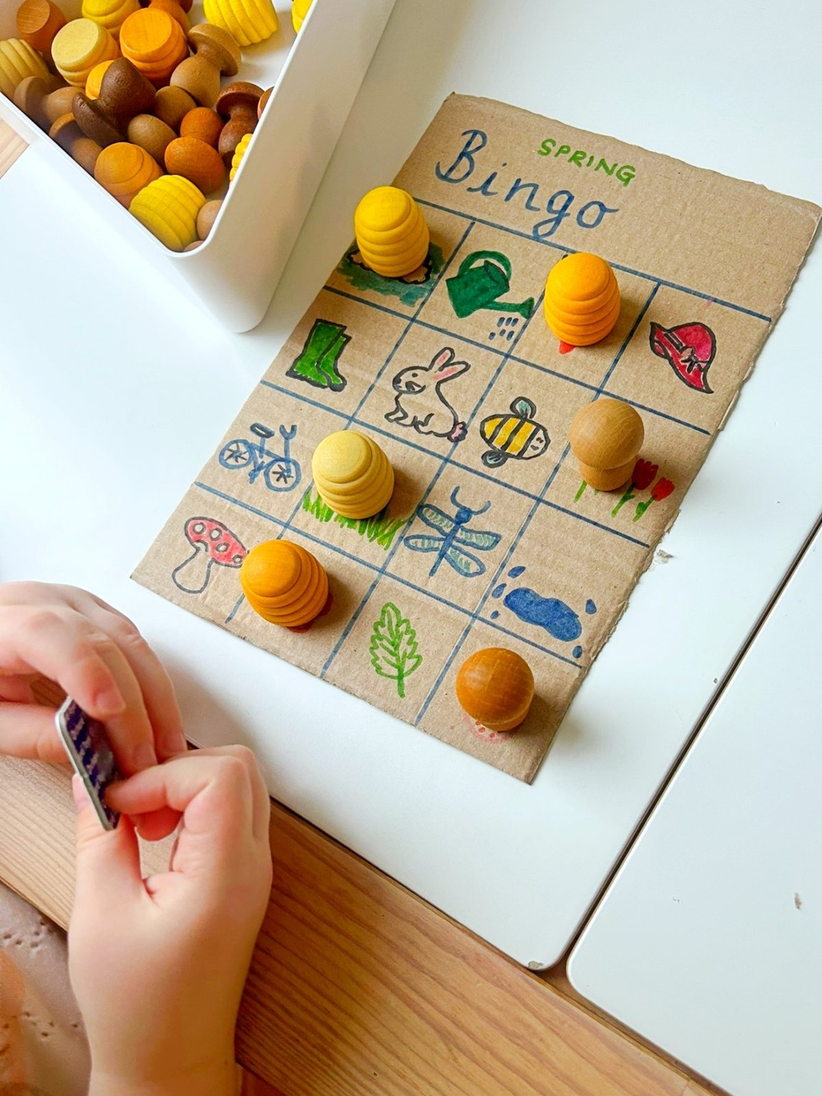 shout out a beginning letter and match it to the picture on the BINGO board