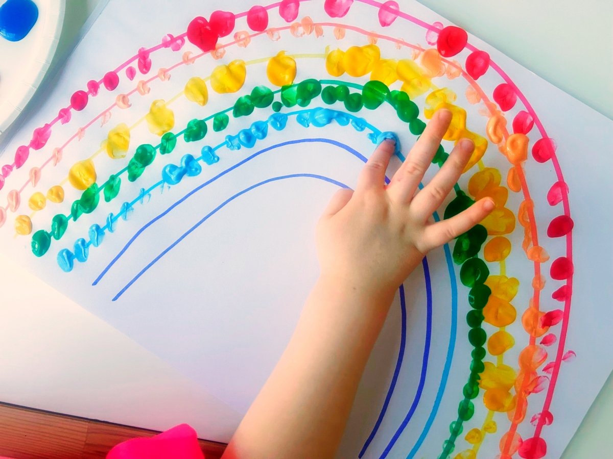 finger painting colourful rainbow for fine motor development in children